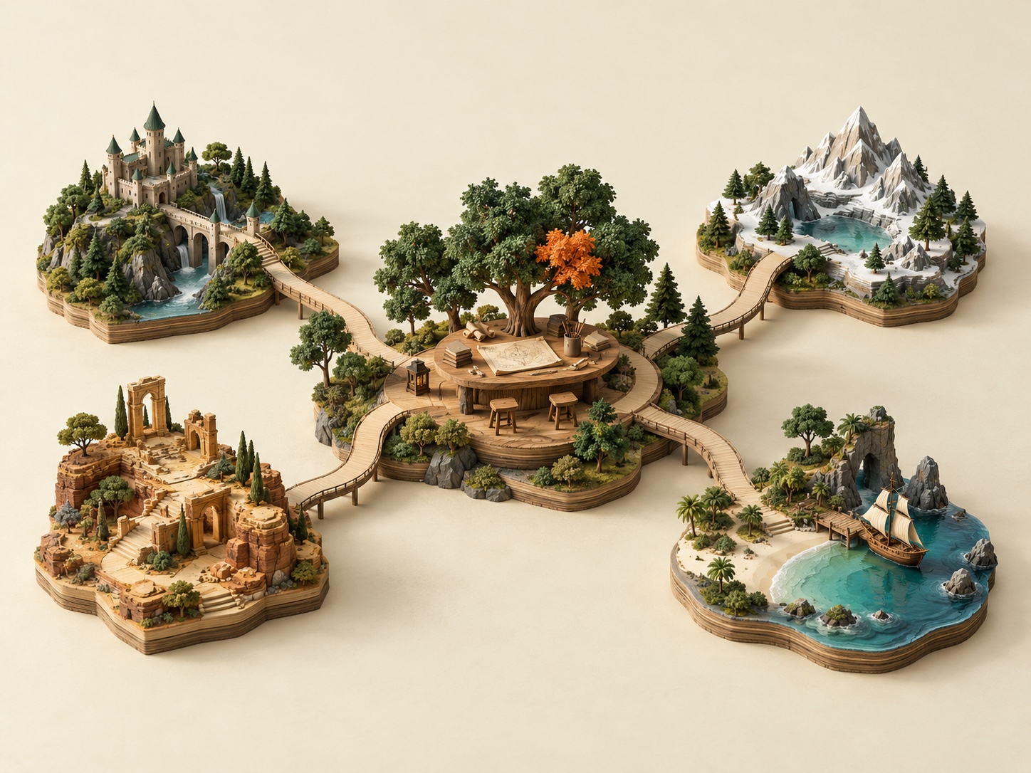 An imagined miniature grove with branching paths connecting game worlds around a shared worktable.